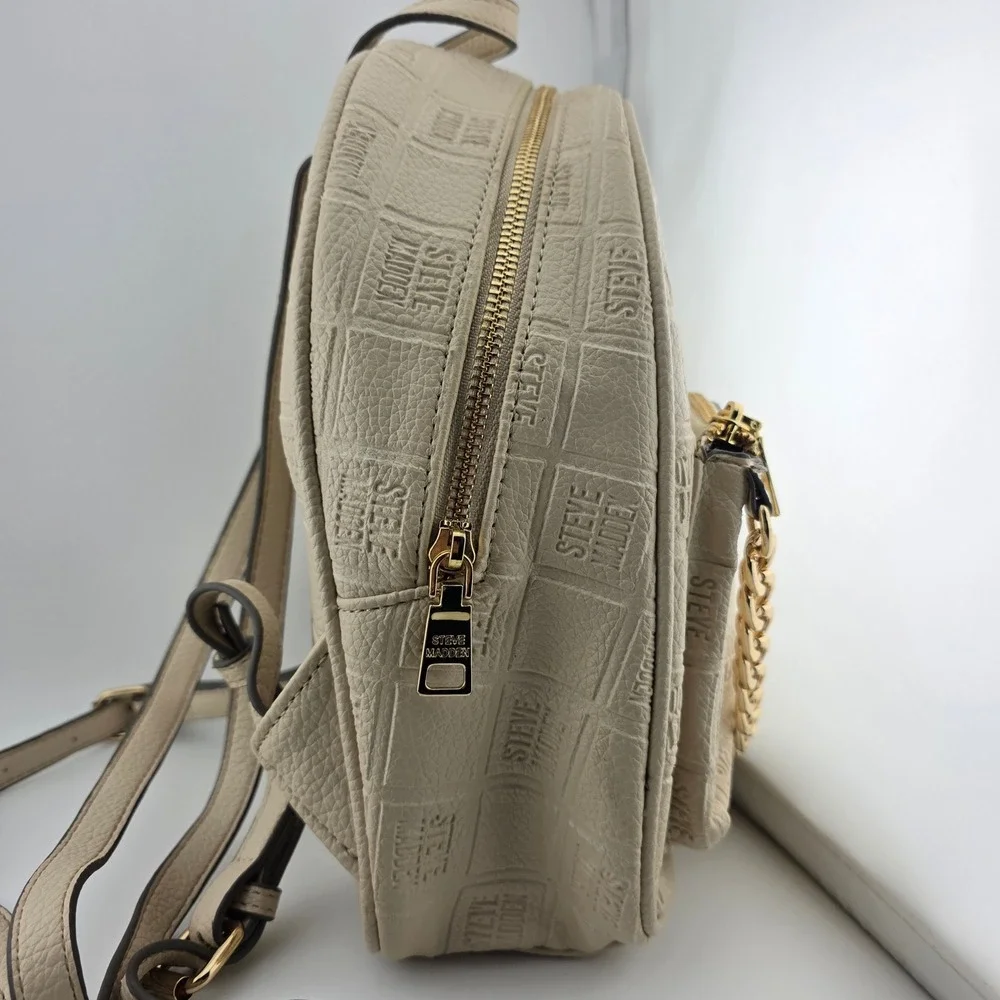 Steve‎ Madden Monogram Embossed Mini Backpack Chain Detail Cream